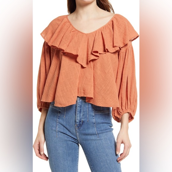 Free People Tops - Free People Boho Orange Ginger Spice Zuri Ruffle Open Back Blouse size XS EUC